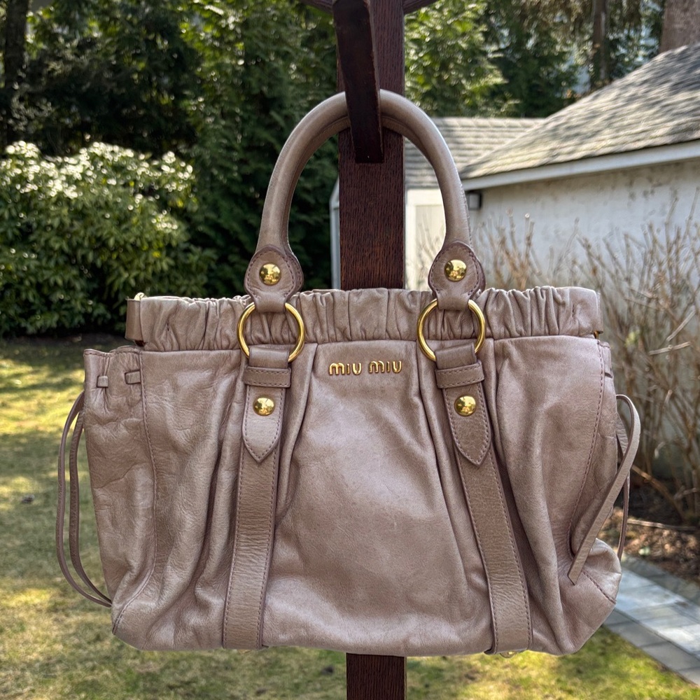 Miu Miu Taupe Pleated Leather Shoulder Bag with Gold Hardware